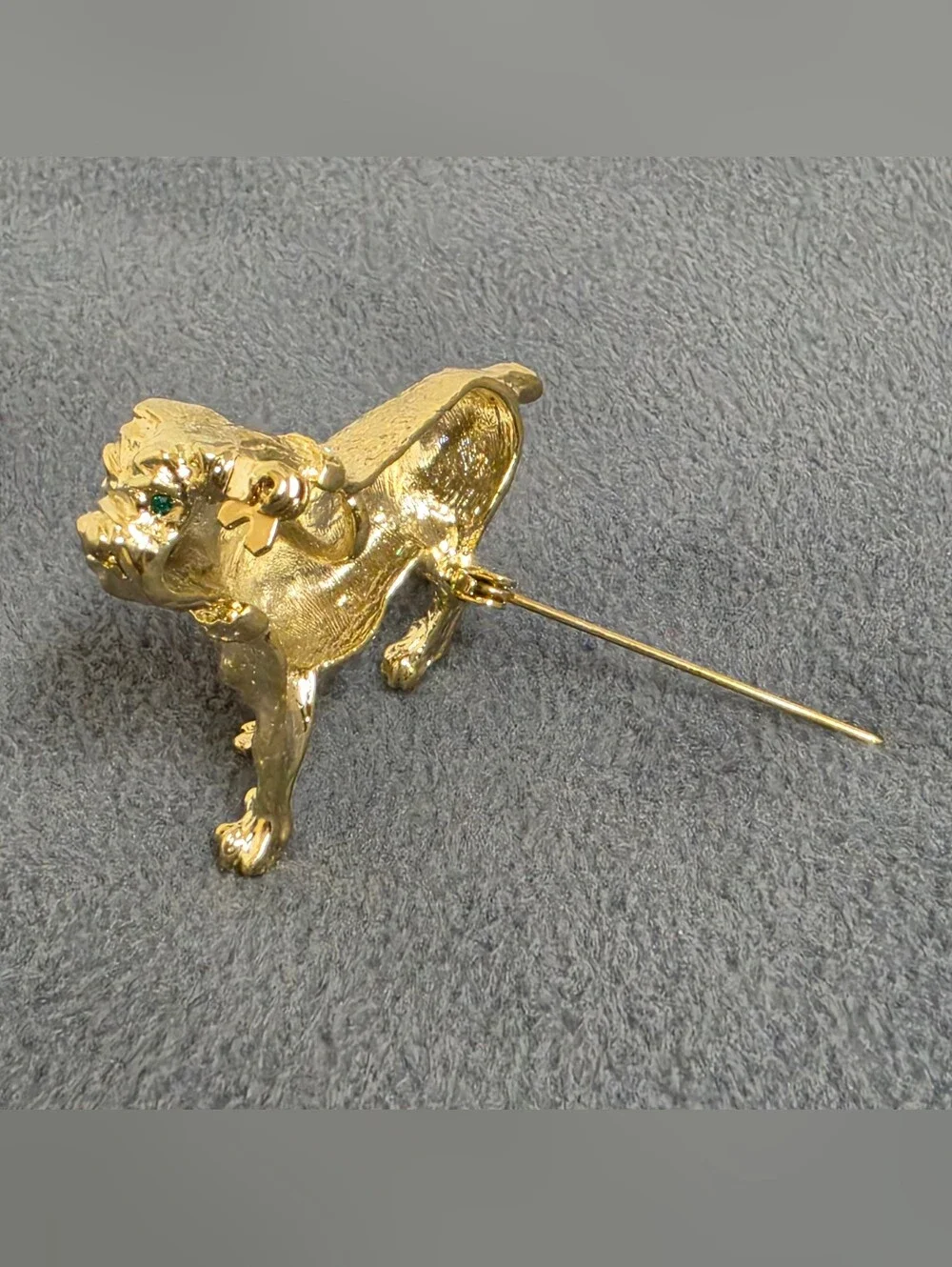 Gold Tone English Bulldog Brooch Green Rhinestone Eye Crystal Collar New
